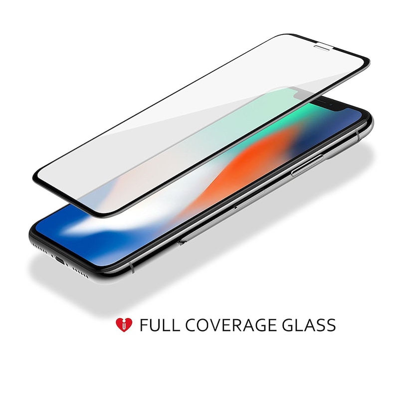 Puede incluir: Un protector de pantalla transparente para un tel&eacute;fono inteligente con un borde negro. El protector de pantalla se muestra encima de un tel&eacute;fono inteligente negro con un fondo colorido. El texto "FULL COVERAGE GLASS" se muestra debajo del tel&eacute;fono.