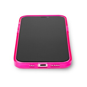 May include: A bright pink phone case with a black screen. The case has a clear back and a raised lip around the screen to protect it from scratches.