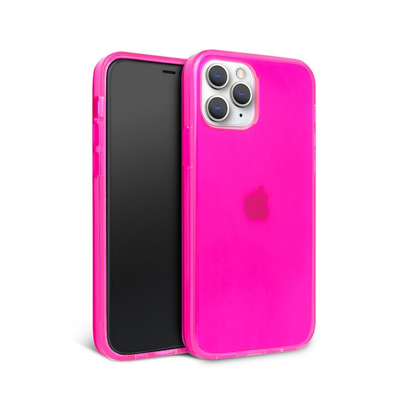 May include: A bright pink clear phone case for an iPhone with a camera bump and a clear back.