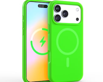 Neon Green Silicone iPhone 17 Pro Max Case With MagSafe Upgrade – Shockproof Protective Cover in Bright Purple, Blue, Yellow, Orange, Pink