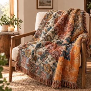 May include: A woven throw blanket featuring a multi-colored floral and paisley pattern in shades of burnt orange, deep red, cream, and muted blue. The rectangular textile has a textured finish and is finished with decorative fringe along the edges.