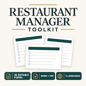 Könnte beinhalten: Ein Restaurant Manager Toolkit mit drei weißen Dokumentvorlagen mit dunkelgrünen Kopfzeilen und Kontrollkästchen. Der Text lautet Restaurant Manager Toolkit, 36 Editable Forms, Word + PDF und 5 Languages mit entsprechenden Symbolen.