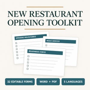 May include: A New Restaurant Opening Toolkit featuring three white checklists with teal headers labeled Opening Milestones, Mock Service, and Readiness Check. The bottom includes three teal buttons stating 32 Editable Forms, Word + PDF, and 5 Languages.