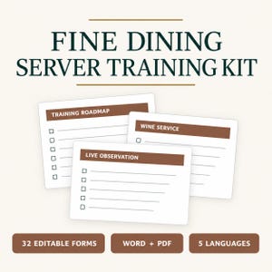 May include: A fine dining server training kit featuring three white rectangular cards with brown headers labeled Training Roadmap, Wine Service, and Live Observation. Below, three brown buttons state 32 Editable Forms, Word + PDF, and 5 Languages.