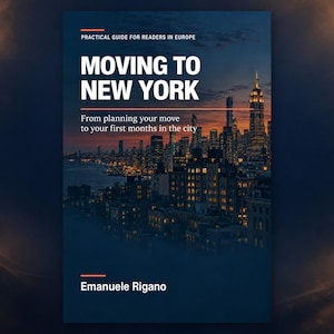 May include: A book cover titled Moving to New York: From planning your move to your first months in the city by Emanuele Rigano. The cover features a dark blue twilight cityscape of New York City with illuminated skyscrapers and a sunset sky.
