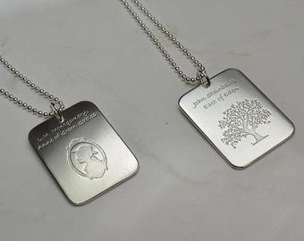 Sterling Silver Custom Etched Dog Tag Necklace, Quote Necklace, Literary Necklace, Stamped Jewelry, Message Necklace, Men's, Groomsman Gifts