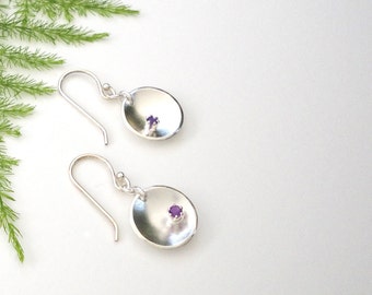 Handmade Recycled Silver Amethyst Moon Earrings, Sterling Silver Amethyst Earrings, Summer Jewelry