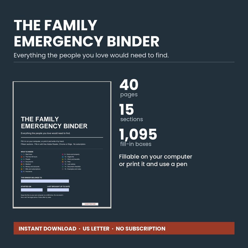 Family Emergency Binder Fillable PDF, End of Life Planner for Important Documents and Last Wishes image 2
