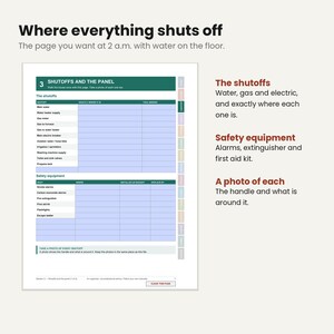 May include: A home maintenance tracker page titled Where everything shuts off, featuring sections for Shutoffs and the Panel and Safety equipment. The document includes tables for tracking water, gas, and electric shutoffs, plus safety gear locations.