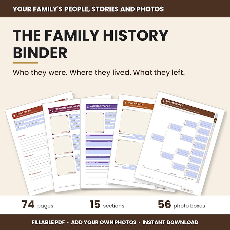 Family History Binder Fillable PDF | Genealogy Organizer | Ancestor Profiles, Family Recipes and Photos image 1