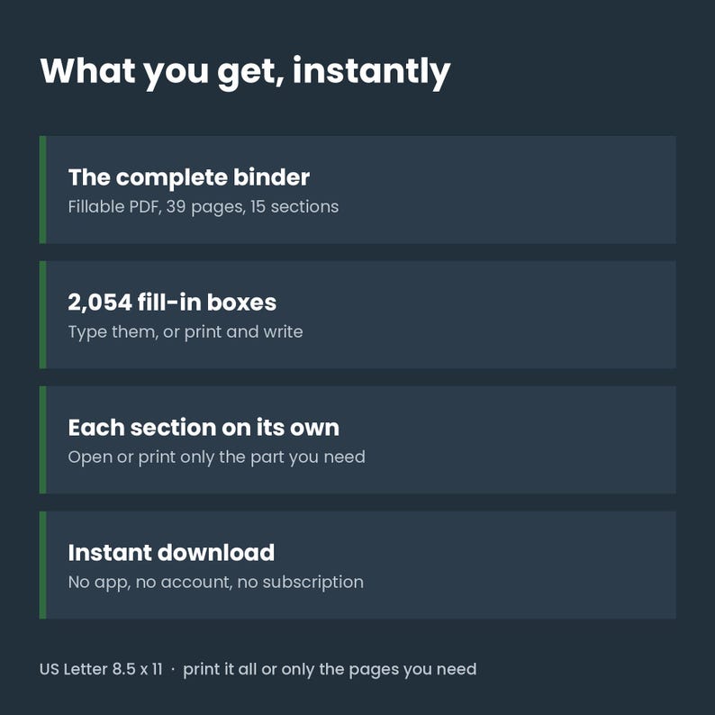 May include: A dark blue digital document titled What you get, instantly. It lists features: The complete binder, 39 pages, 15 sections, 2,054 fill-in boxes, each section on its own, and instant download. It specifies US Letter 8.5 x 11 size format.