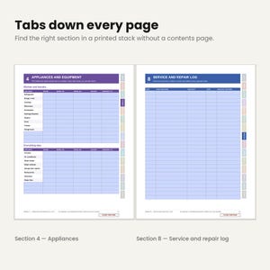 May include: A two-page spread from a planner featuring Tabs down every page. The left page is titled Appliances and Equipment with columns for appliance details. The right page is titled Service and Repair Log with columns for date, work done, and cost.