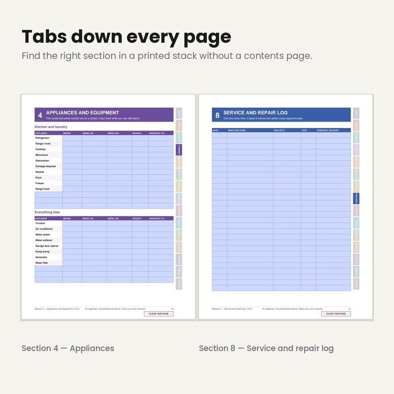 May include: A two-page spread from a planner featuring Tabs down every page. The left page is titled Appliances and Equipment with columns for appliance details. The right page is titled Service and Repair Log with columns for date, work done, and cost.
