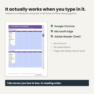 May include: A digital home inventory form titled Appliances and Equipment with purple headers and light blue rows. Text includes It actually works when you type in it, Google Chrome, Microsoft Edge, Adobe Reader, and Tab moves you box to box.
