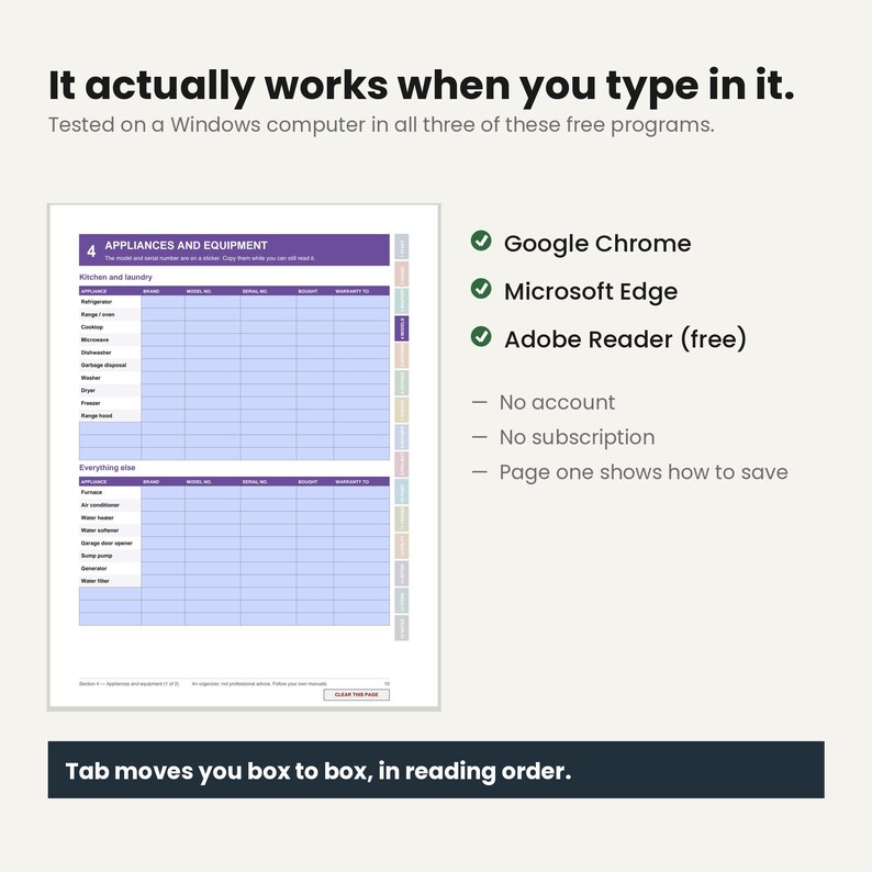 May include: A digital home inventory form titled Appliances and Equipment with purple headers and light blue rows. Text includes It actually works when you type in it, Google Chrome, Microsoft Edge, Adobe Reader, and Tab moves you box to box.