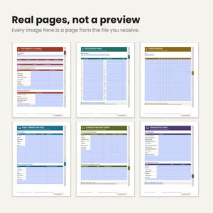 May include: Six digital planner pages featuring organized tables and headers. The pages are titled The House at a Glance, The Breaker Panel, Year Recorded, Paint, Finishes and Sizes, Contractors and Trades, and House-Sitter Guide with light blue grids.