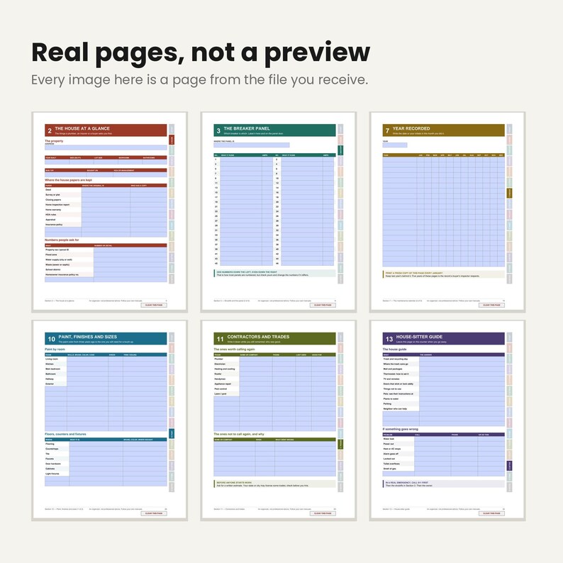 May include: Six digital planner pages featuring organized tables and headers. The pages are titled The House at a Glance, The Breaker Panel, Year Recorded, Paint, Finishes and Sizes, Contractors and Trades, and House-Sitter Guide with light blue grids.