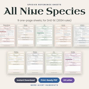以下が含まれることがあります： DnD 5E 2024ルール用の9種類の種族リファレンスシート。キャラクター詳細を記入する1ページのフォーム形式で、Nerd Alert Handouts、Instant Download、Print-Ready PDF、US Letterというラベルが付いた9つの異なるレイアウトが含まれています。