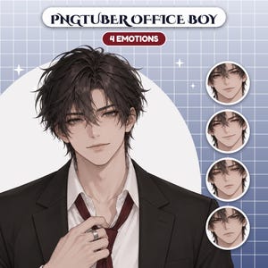 May include: A digital illustration of a character labeled PNGTUBER OFFICE BOY with 4 EMOTIONS. The character has dark messy hair, wearing a black suit jacket, white collared shirt, and a dark red tie. Four circular headshots show varied facial expressions.