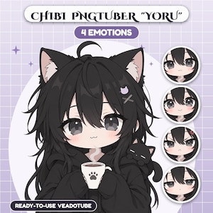 Könnte beinhalten: Eine digitale Illustration einer Chibi-Figur namens Yoru mit schwarzem Haar, Katzenohren und einem schwarzen Kapuzenpullover, die eine weiße Tasse mit Pfotenabdruck hält. Der Text Chibi Pngtuber Yoru, 4 Emotions, Ready-to-use Veadotube ist enthalten.