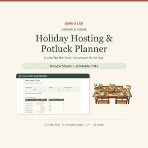 Può includere: Un pianificatore digitale per feste e cene condivise di EARN'S LAB con Google Sheets e PDF stampabili. Il layout include una dashboard per l'ospite e un'illustrazione di una tavola apparecchiata. Include 3 file Sheets, 8 pagine stampabili, formati A4 e US Letter.