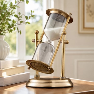 May include: An antique-style hourglass with a brass frame and clear glass bulbs containing white sand. The hourglass is mounted on a rotating axis within a circular brass base. The bottom plate features embossed text reading "1911" and "COURAGE".