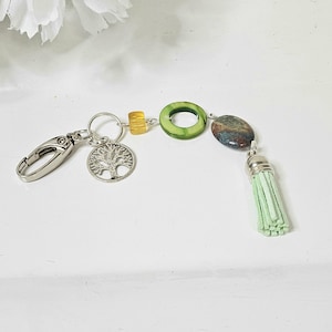 Green Shell Key Chain Charm, Tree of Life Back Pack Charm, Silver Key Chain