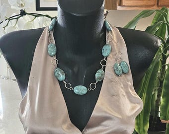 Blue Chunky Turquoise Necklace Set, Women's Blue Necklace, Blue Gemstone Necklace
