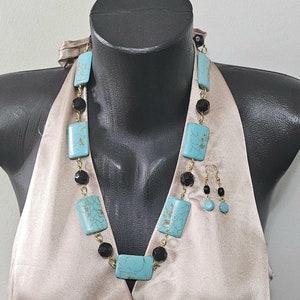 Blue/Black Chunky Turquoise Necklace Set, Women&#39;s Blue Necklace, Blue Gemstone Necklace, Chunky Necklace, Gift for her