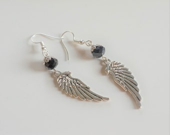 Black Crystal Wings Earrings, Women's Earrings, Black Drop Earrings, Gift for her, Mother's gift