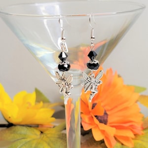 Black/Silver Fairy Earrings, Women&#39;s Earrings, Black Crystal Earrings, Gift for her, Mother&#39;s gift