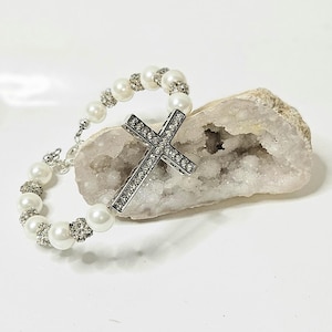 White Pearl Cross Bracelet, Women&#39;s Bracelet, Rhinestone Cross Bangle, Gift for her