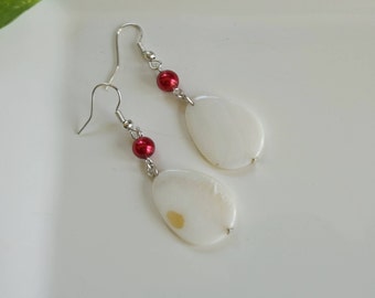 Red Pearl/White Shell Earrings, Women's Earring, Shell Earrings, Gift for her, Mother's gift