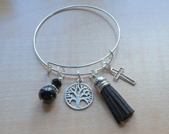 Black Tree of Life Charm Bracelet, Women's Beaded Bangle, Fleur de Lis Charm Bracelet, Gift for her, Mother's gift