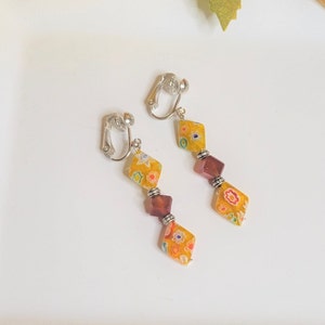 Yellow/Orange Millefiori Glass Clip-On Earrings, Women&#39;s Earrings, Gift for her, Mother&#39;s gift