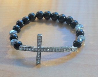 Black/Silver Rhinestone Cross Bracelet, Women's Bracelet, Gemstone Stretchy Bracelet, Black Bracelet