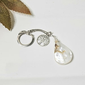 White Shell Key Chain Charm, Tree of Life Back Pack Charm, Silver Key Chain