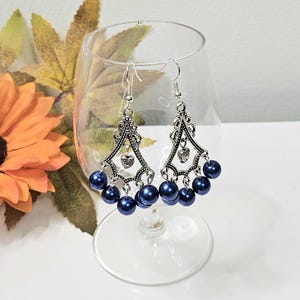 Blue Pearl Chandelier Earrings, Women's Earrings, Long Blue Earrings, Gift for her