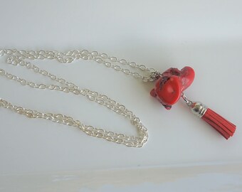 Red Coral Tassel/Pendant Necklace, Long Women's Necklace, Silver Necklace, Chunky Pendant, Gift for her