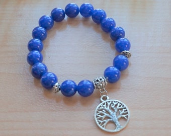 Blue Gemstone Tree of Life Bracelet, Women's Bracelet, Blue Stretchy Bracelet, Cross Bracelet, Gift for her, Mother's gift