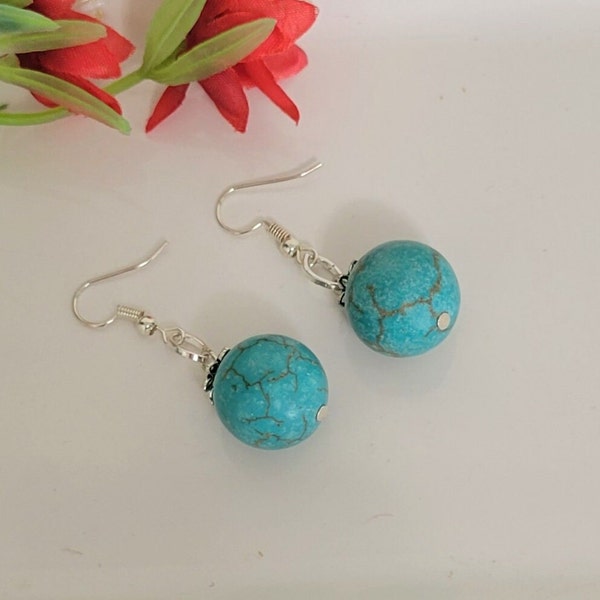 Blue Turquoise Round Earrings, Women's Blue Drop Earrings, Gift for her, Mother's gift