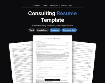 Consulting Resume Template, Consultant Resume for Strategy Jobs, One Page Word & Google Docs