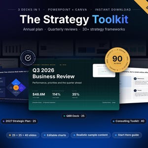 May include: A digital strategy toolkit bundle featuring 90 slides across three decks. The graphic displays text including The Strategy Toolkit, Q3 2026 Business Review, and 30+ strategy frameworks. It includes editable charts, sample content, and a guide.