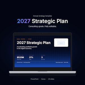 Puede incluir: Una pantalla de portátil que muestra una plantilla de presentación de plan estratégico 2027 con un fondo de cuadrícula azul oscuro. La diapositiva incluye texto como 2027 Strategic Plan, Accelerating profitable growth, $520M, 21% y 3.