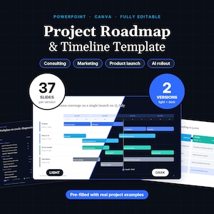 May include: A digital project roadmap and timeline template for PowerPoint and Canva. The graphic features the text Project Roadmap & Timeline Template, 37 slides per version, and 2 versions light + dark, with a split-screen view of a project schedule.