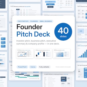 以下が含まれることがあります： 40枚のスライドで構成されるFounder Pitch Deckのデジタルテンプレート。白いカードには、Founder Pitch Deck、For Startups、Founders、Small Businessという青いテキストと、PowerPointおよびCanvaのアイコンが表示されています。