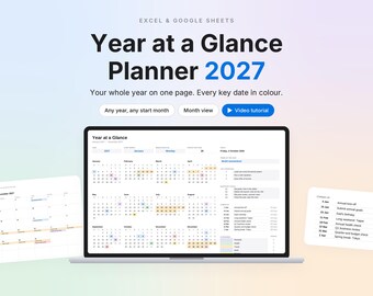 Planificador anual 2027, cualquier año, calendario para Excel y Google Sheets (descarga digital)