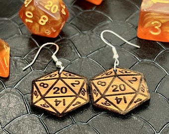 D20 DICE Walnut Earrings Silver S925 hooks- D & D inspired Walnut Earrings