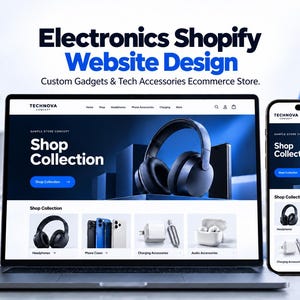 Könnte beinhalten: Ein Laptop und ein Smartphone zeigen das Webdesign für TechNova Concept, einen Elektronikladen. Die Bildschirme präsentieren eine Shop-Kollektionsseite mit Kopfhörern, Handyhüllen und Ladezubehör vor einem blau-weißen Hintergrund.