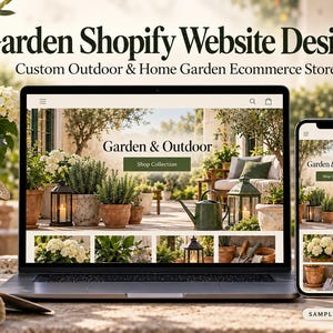 Könnte beinhalten: Ein Laptop und ein Smartphone zeigen ein Garden Shopify Website Design mit dem Text Garden & Outdoor und Shop Collection. Die Bildschirme zeigen ein Konzept für einen Online-Shop für den Garten mit Topfpflanzen, Laternen und Gartengeräten.